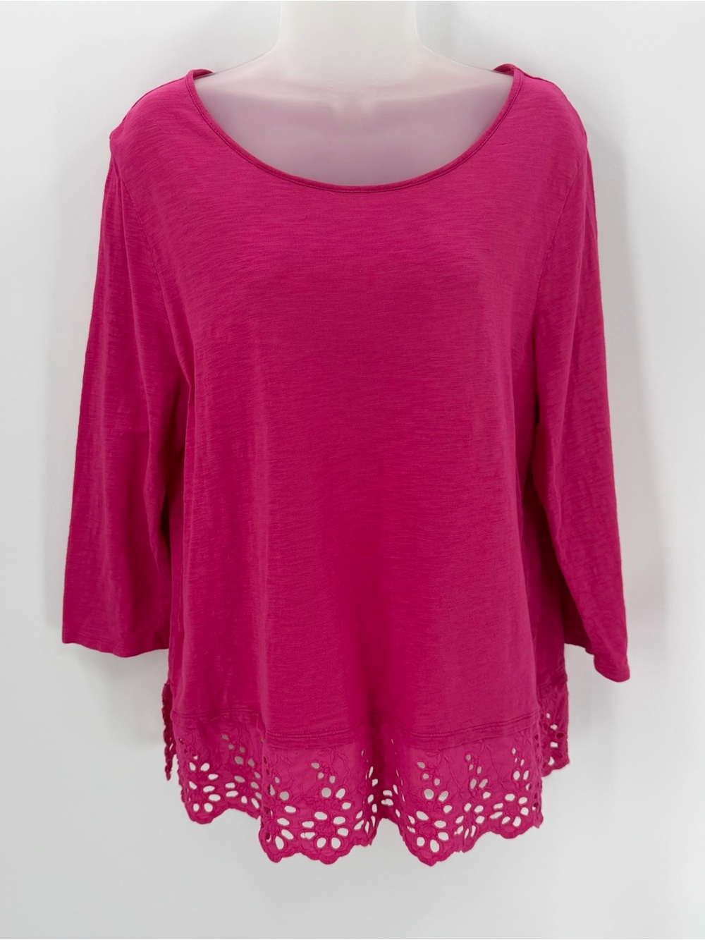 Chico's Tunic Top Womens L 12 2 Pink Slub Knit 3/4 Sleeves Eyelet Scalloped Hem